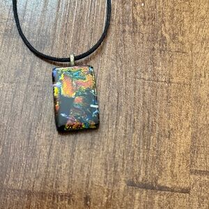 Dichroic Glass Rectangle Pendant Necklace - Black with Iridescent Hues